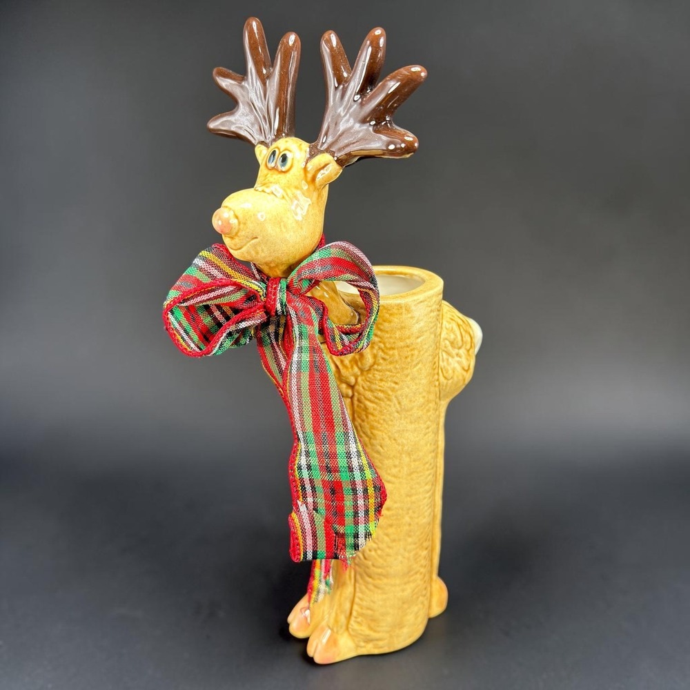 Ceramic Reindeer Bud Vase Christmas Holiday Decor Plaid Bow 11.5 Inch Tan Brown